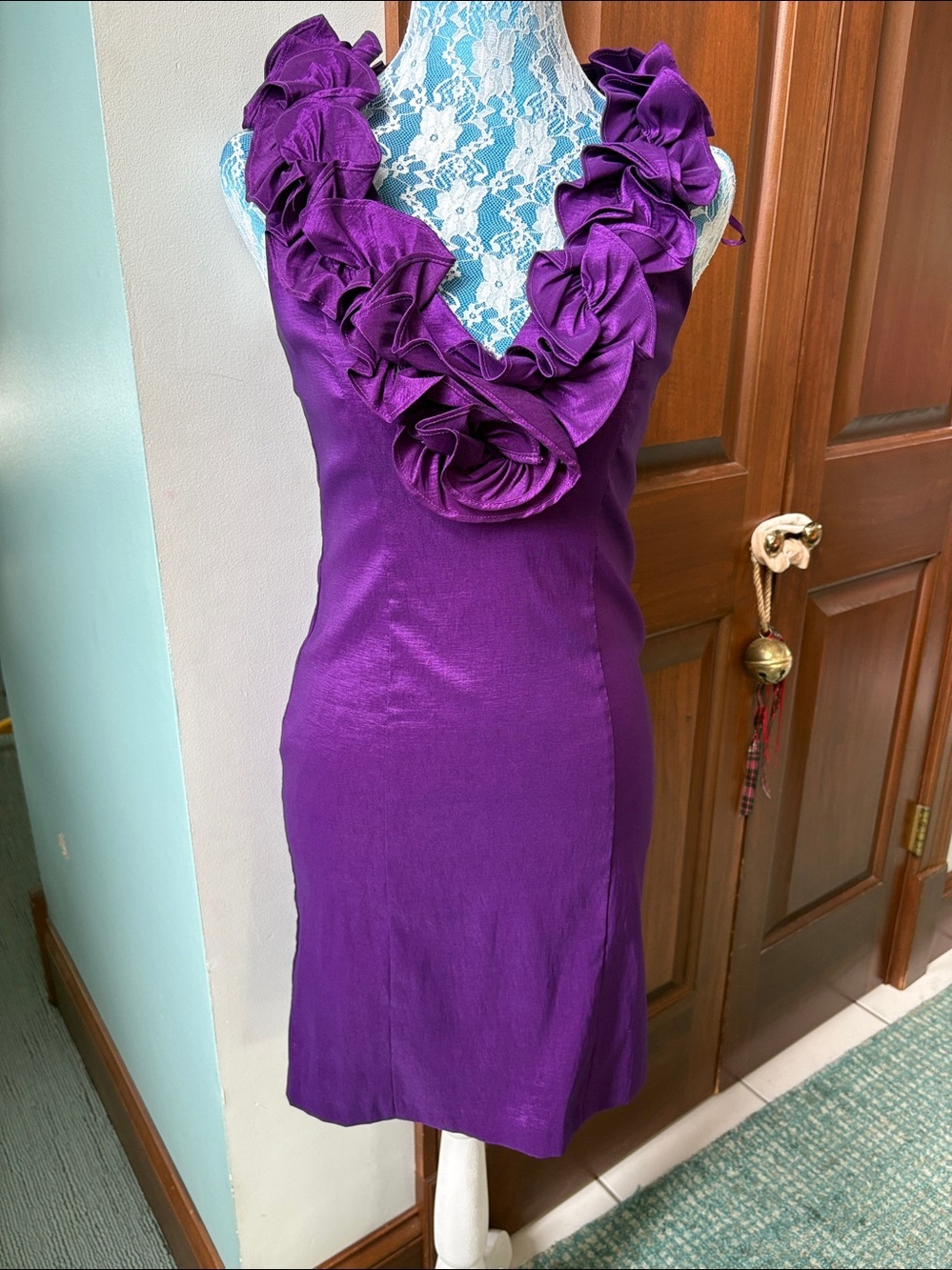 S. L. Fashions  Dress  Purple with Sheen  Floral embellished neckline NWOT  Sz.4